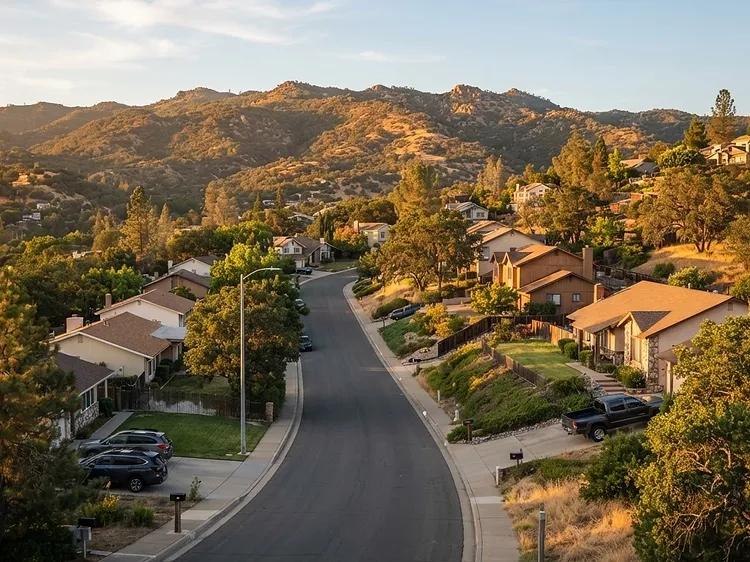 Residential street in Cameron Park, California at golden hour with suburban neighborhoods and foothill properties