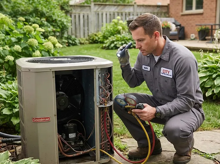 HVAC technician inspecting the fan and coil of a residential outdoor heat pump unit