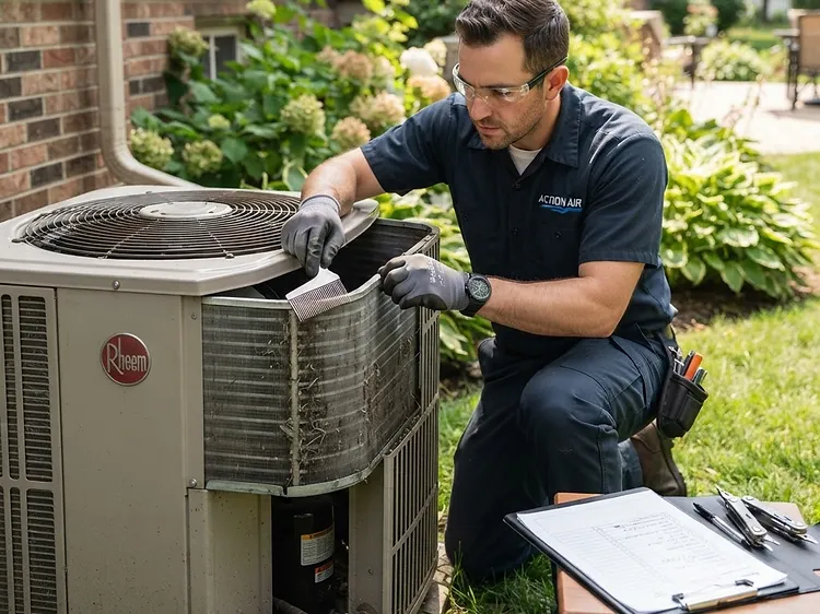 HVAC technician performing a seasonal tune-up and cleaning the condenser coil of a residential air conditioner