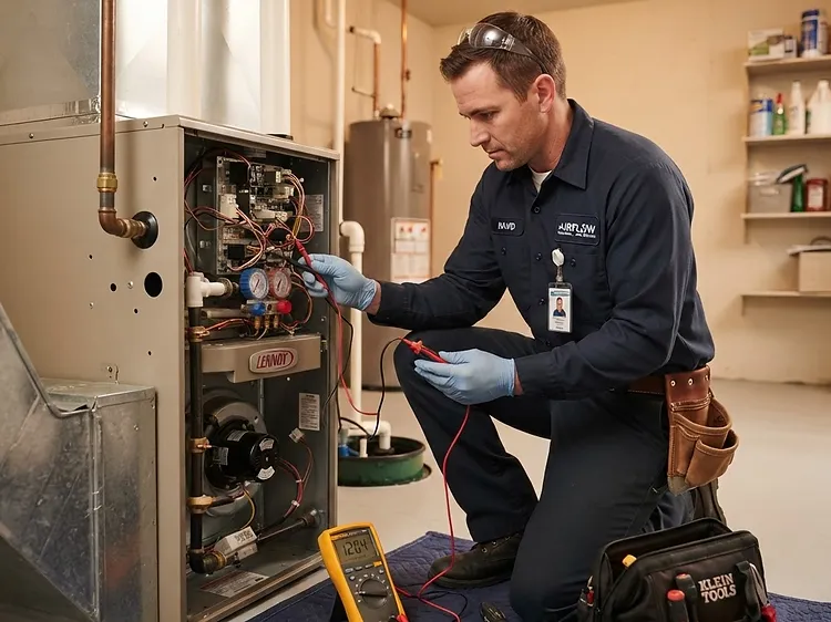 Licensed HVAC technician diagnosing a residential furnace during an emergency service call
