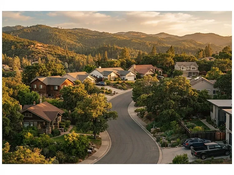 Residential neighborhood in Diamond Springs, California at golden hour with foothill homes of varied ages