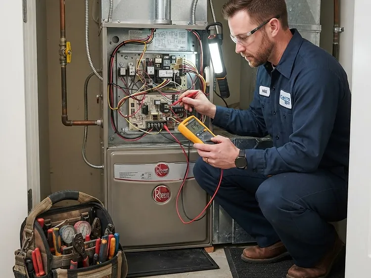 HVAC technician diagnosing a residential gas furnace control board with a multimeter