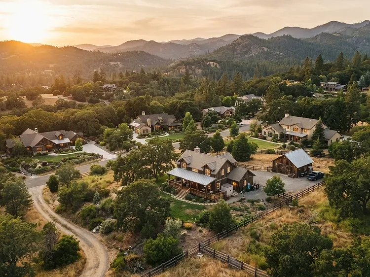 Rural residential property in Cool, California at golden hour with foothill scenery