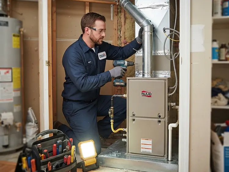 Licensed HVAC technician installing a new residential furnace and connecting ductwork