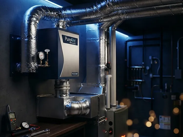 Whole-home air purifier installed within a residential HVAC system for improved indoor air filtration