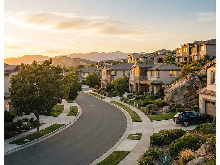 Modern suburban residential neighborhood in Rocklin, California at golden hour