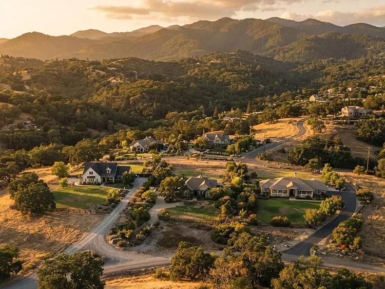 Rural foothill residential area in Rescue, California at golden hour