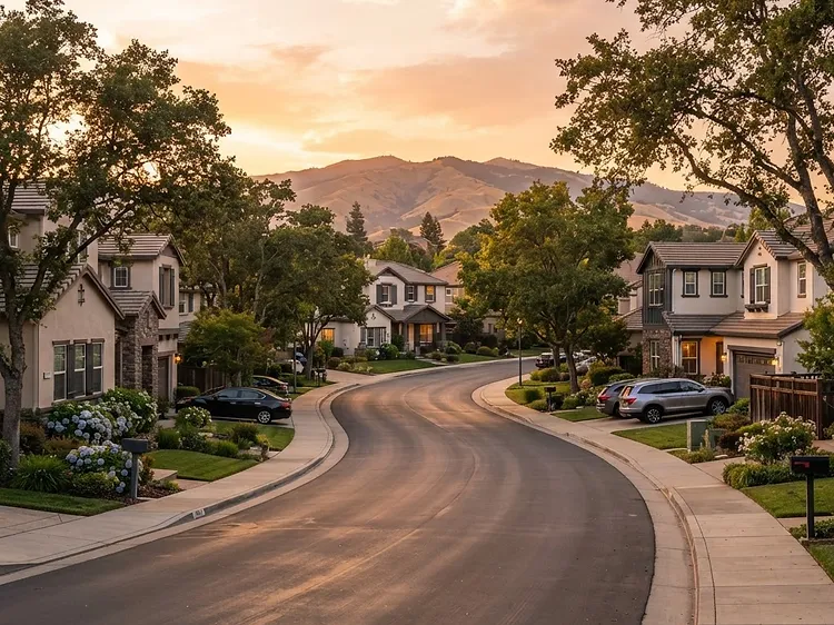 Residential street in Folsom, California at golden hour with two-story homes and foothills