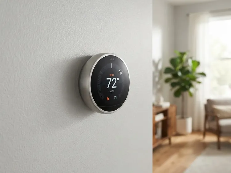 Modern smart thermostat with touchscreen display mounted on a residential wall