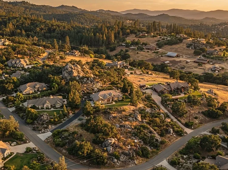 Rural-suburban foothill residential area in Shingle Springs, California at golden hour