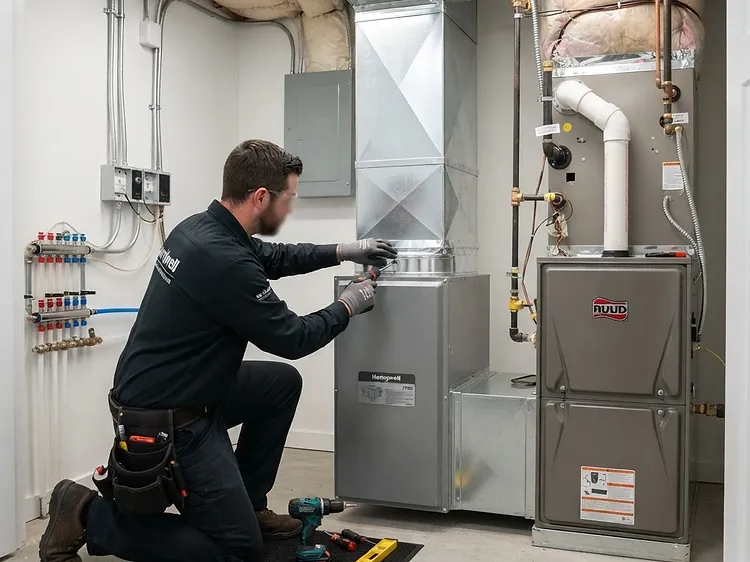 Whole-home air filtration media cabinet installed next to a residential furnace and air handler