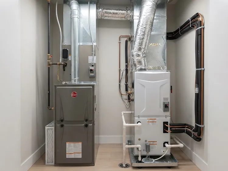 Residential furnace and air conditioner air handler installed side by side in a clean utility closet