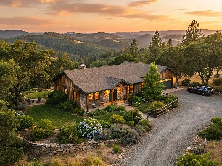 Rural foothill residential property in Georgetown, California at golden hour
