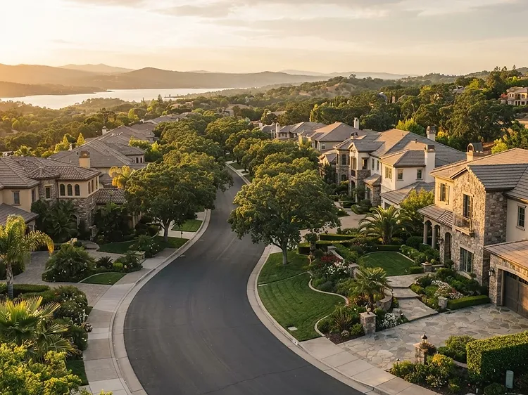 Upscale residential neighborhood in Granite Bay, California at golden hour