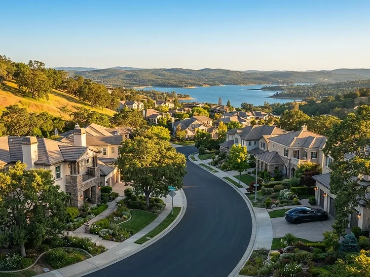 Upscale residential neighborhood in El Dorado Hills, California at golden hour