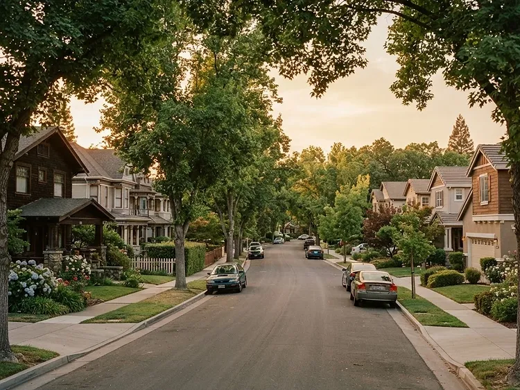 Classic Sacramento residential neighborhood at golden hour