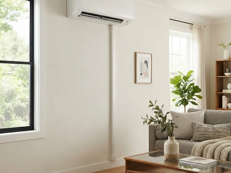 Ductless mini-split wall-mounted indoor unit installed high on a living room wall