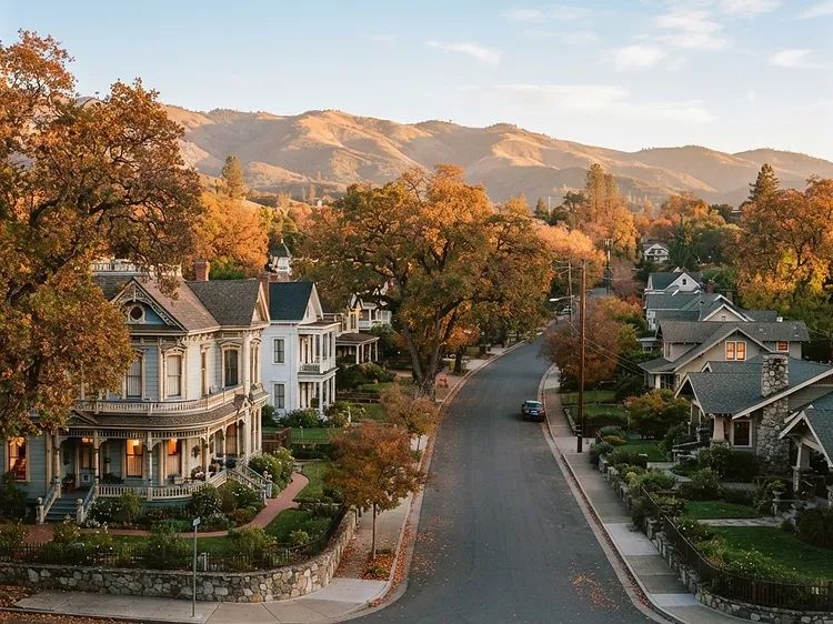 Historic Gold Country town residential neighborhood in Placerville, California at golden hour