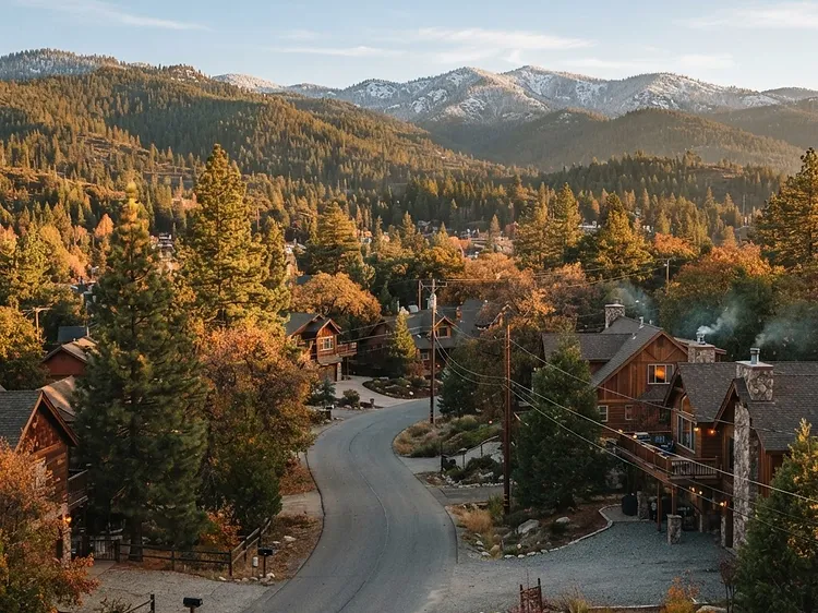 Residential neighborhood in Pollock Pines, California, a Sierra Nevada foothill community, at golden hour