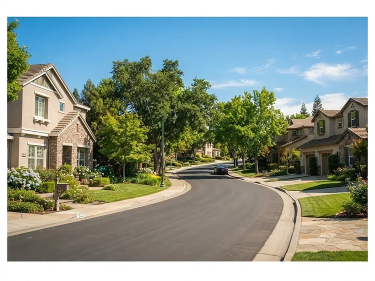 Welcoming suburban residential neighborhood in Elk Grove, California on a warm sunny afternoon