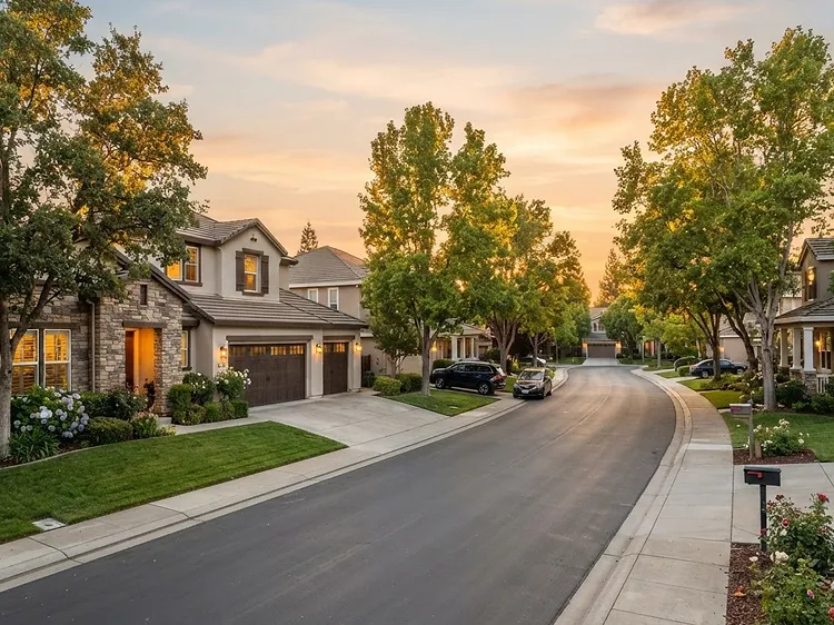 Suburban residential neighborhood in Roseville, California at golden hour
