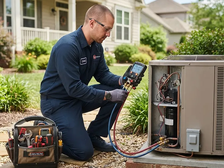 HVAC technician diagnosing and repairing a residential air conditioning unit
