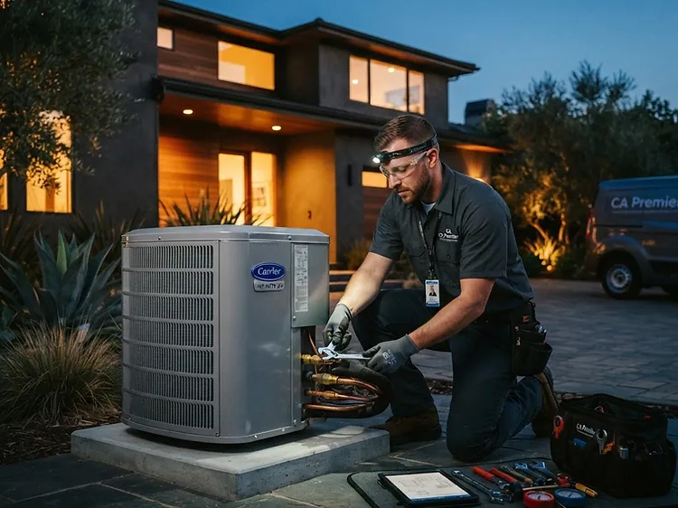 Residential heat pump outdoor unit installed beside a home by a professional HVAC technician