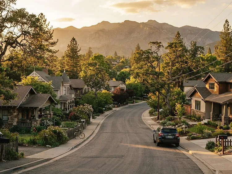 Residential street in Auburn, California at golden hour with foothill homes and the Sierra Nevada foothills
