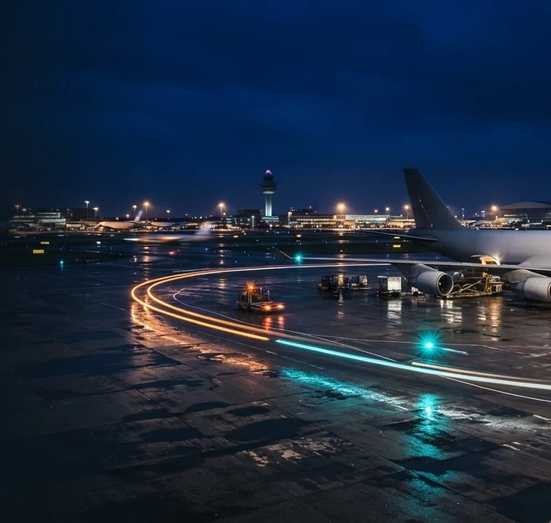 Vrachtvliegtuig op Schiphol bij nacht met lichtsporen