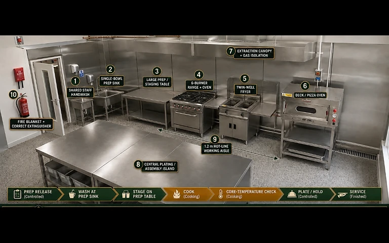 Nash Dom CIC community kitchen — 6-burner range, twin-well fryer, deck pizza oven, extraction canopy and central plating island