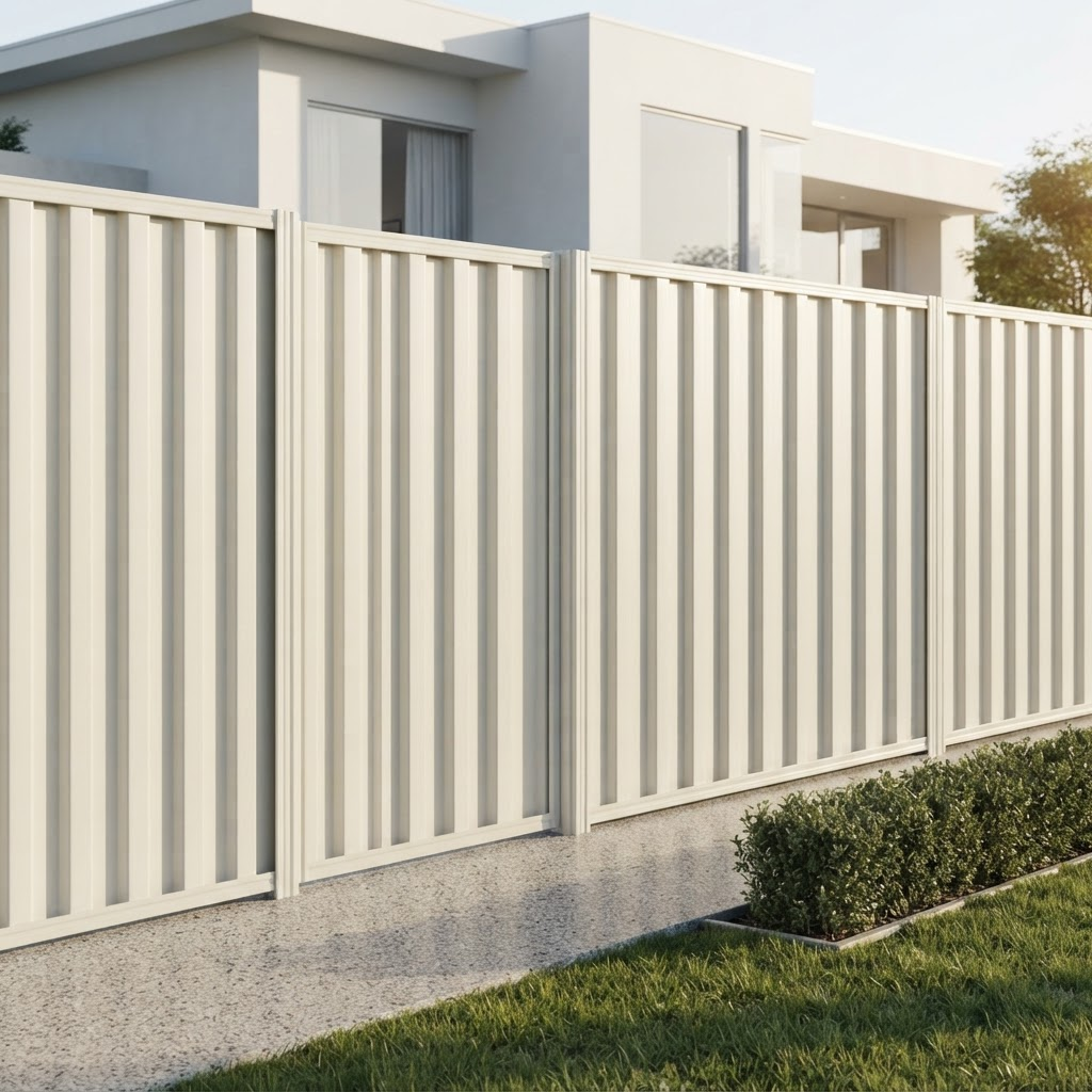 Cream colorbond-style corrugated metal perimeter fence running along a polished concrete path beside a modern home