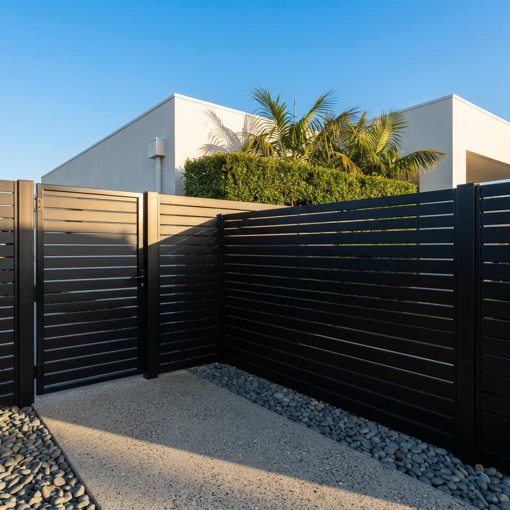 Matte black horizontal aluminium slat privacy fence and gate with black posts against a modern home