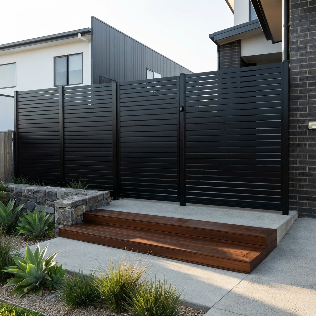 Matte black multi-panel horizontal aluminium slat fence with staggered gate and entry steps