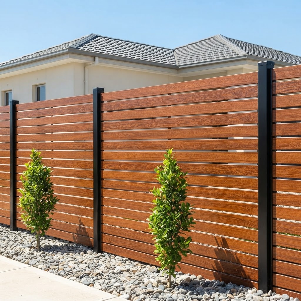 Warm Jarrah timber-look horizontal slat fence with black posts and river stone landscaping