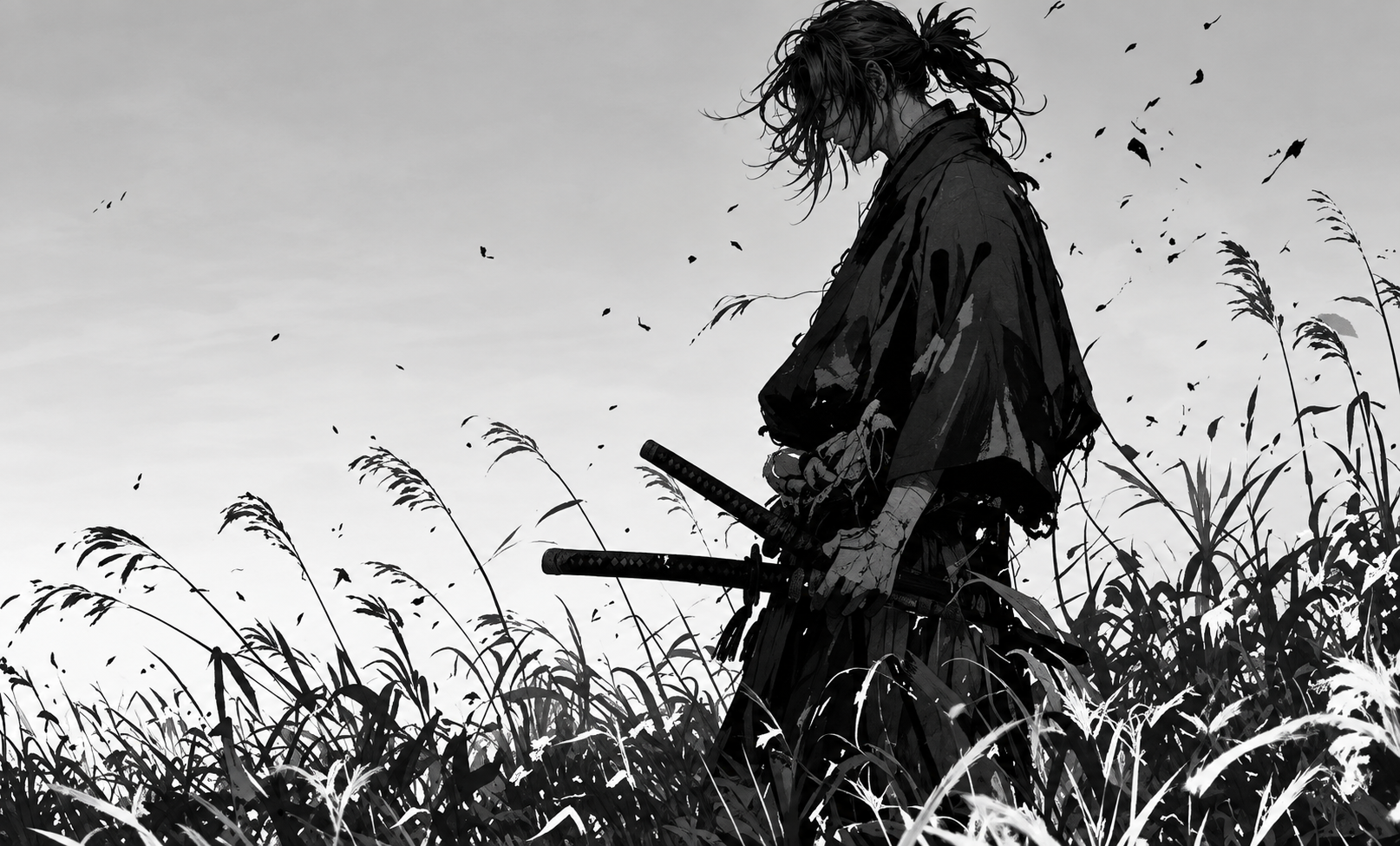 Samurai standing in a field of tall grass
