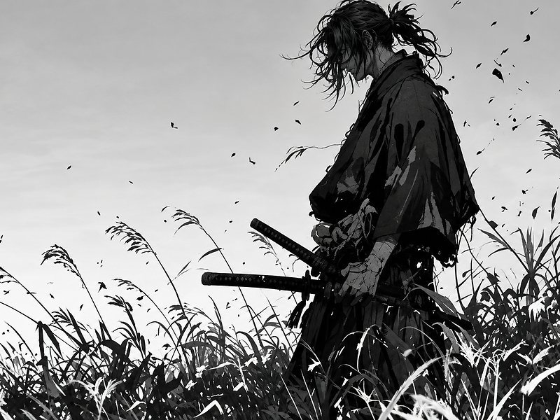 Samurai standing in a field of tall grass