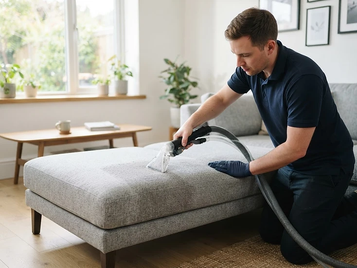 Professional upholstery cleaning of a fabric sofa