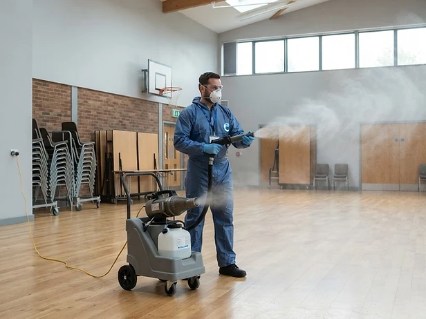 Professional fogging equipment used in a shared community building