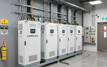 Commercial battery storage cabinets installed in a plant room