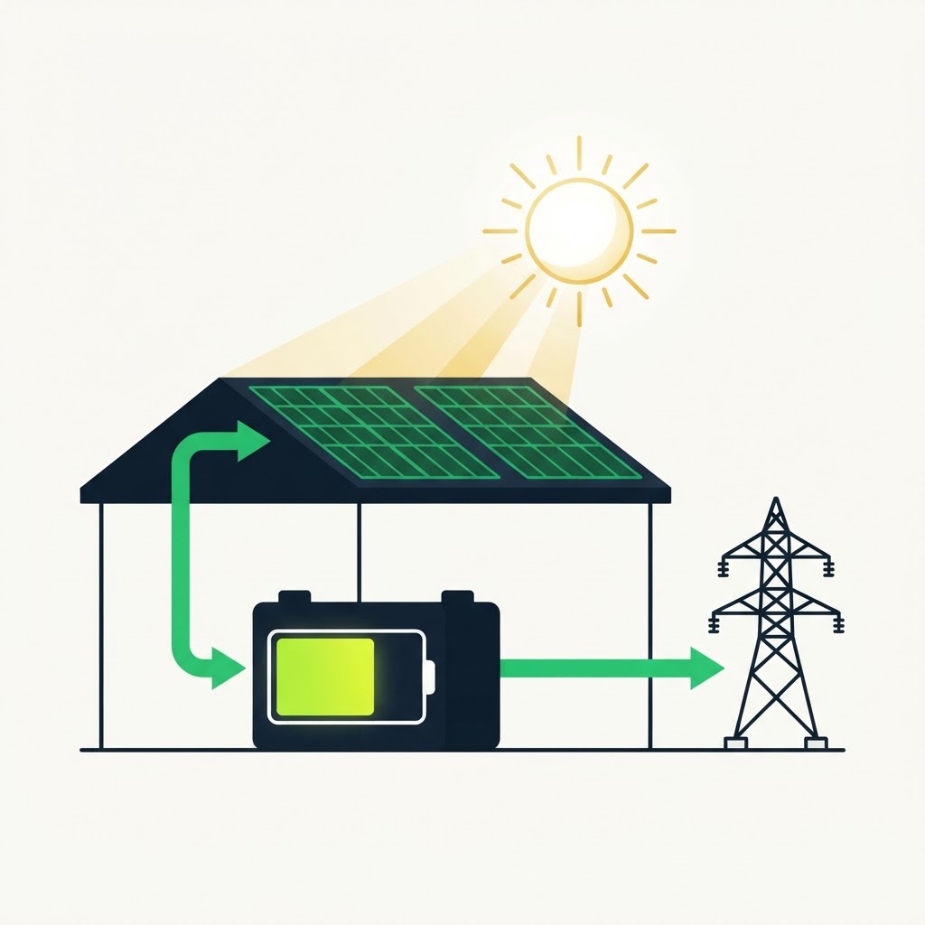 Conceptual diagram of a commercial warehouse with rooftop solar panels: sunlight generates electricity that powers the building, charges a battery unit for later use, and can be exported to the electricity grid