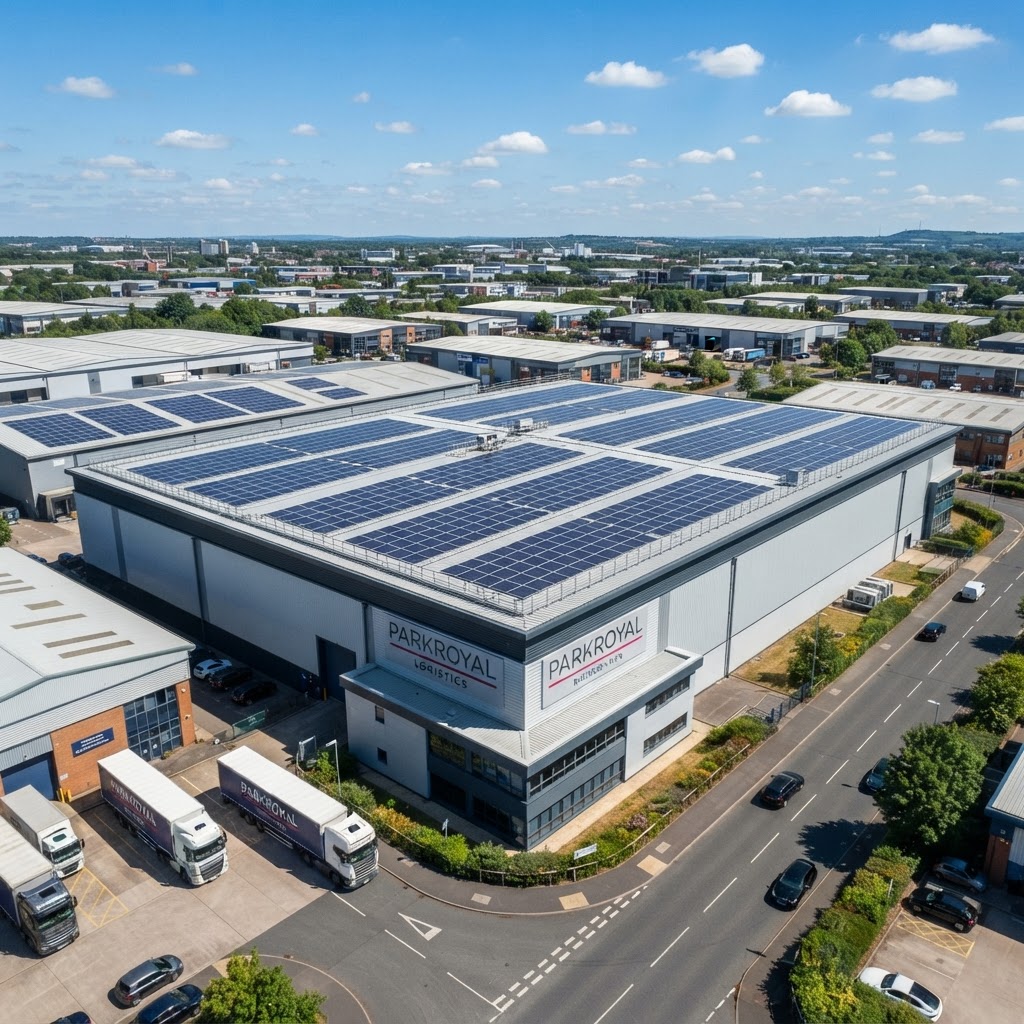 Rows of solar panels on a commercial rooftop in bright daylight