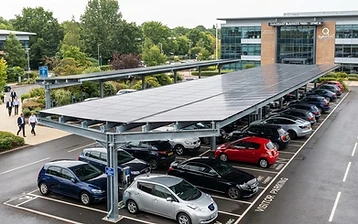 Solar panel canopy over parking bays at a business park