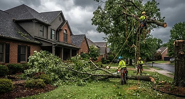 Storm damaged fallen tree branch on a lawn