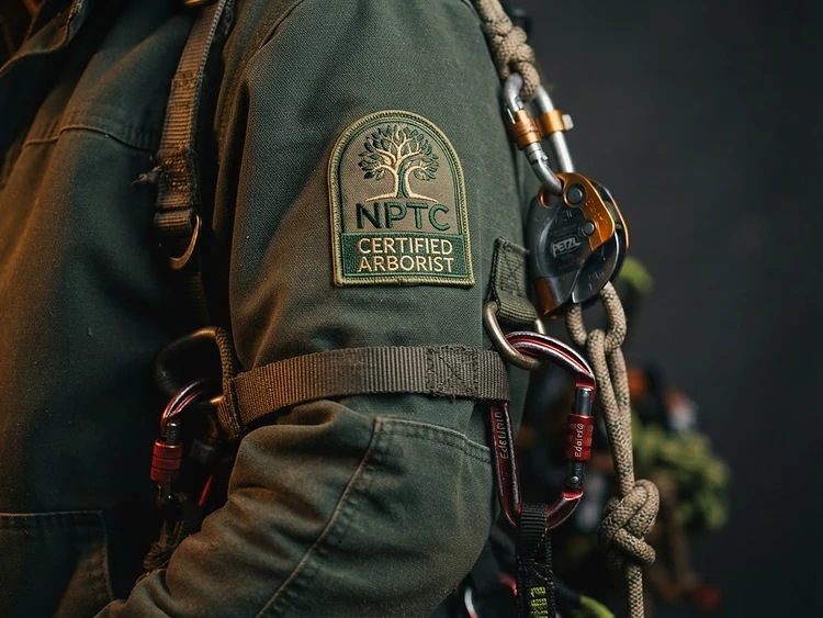 NPTC certification badge and arborist climbing gear