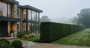 Perfectly manicured hedge line against a modern home