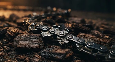 Professional chainsaw chain resting on wood chips