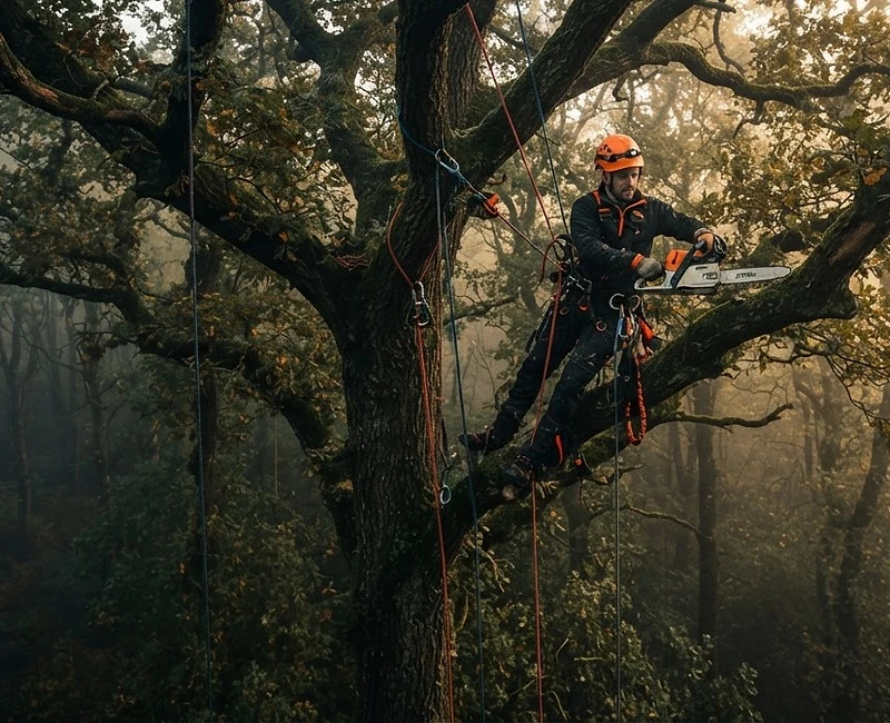 Professional tree surgeon working in the high canopy of an ancient oak