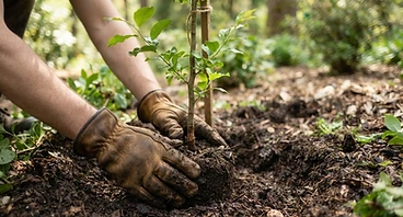Young tree being planted into rich soil