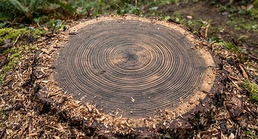Freshly ground tree stump showing clean wood rings