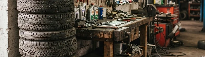 Tyres and tools in the A.W Service Centre workshop